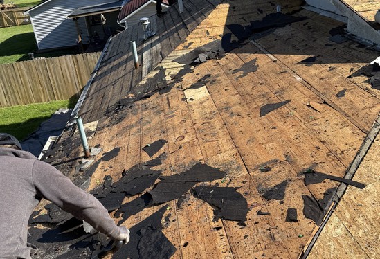 Crew member stripping shingles off exposed plank roof decking