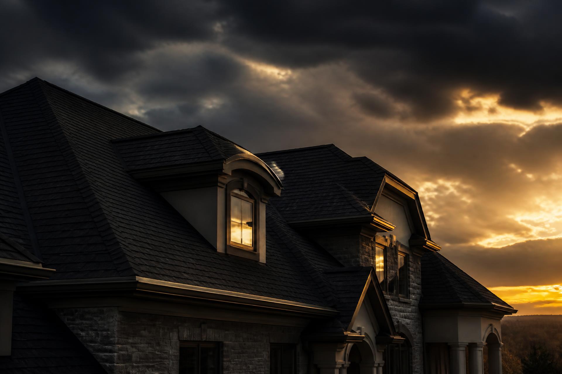 Freshly installed dark asphalt shingle roof against a dramatic Ohio dusk sky